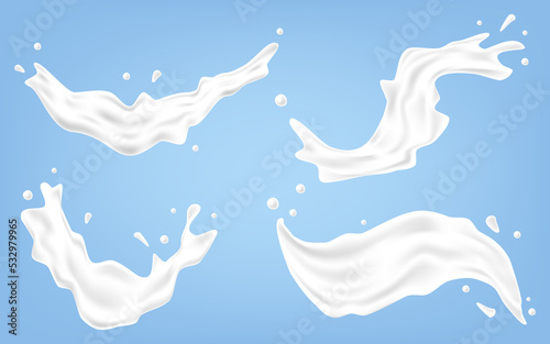 Creamy white liquid splash. Flowing milk. Melted and dripping protein substance. Vector illustration.