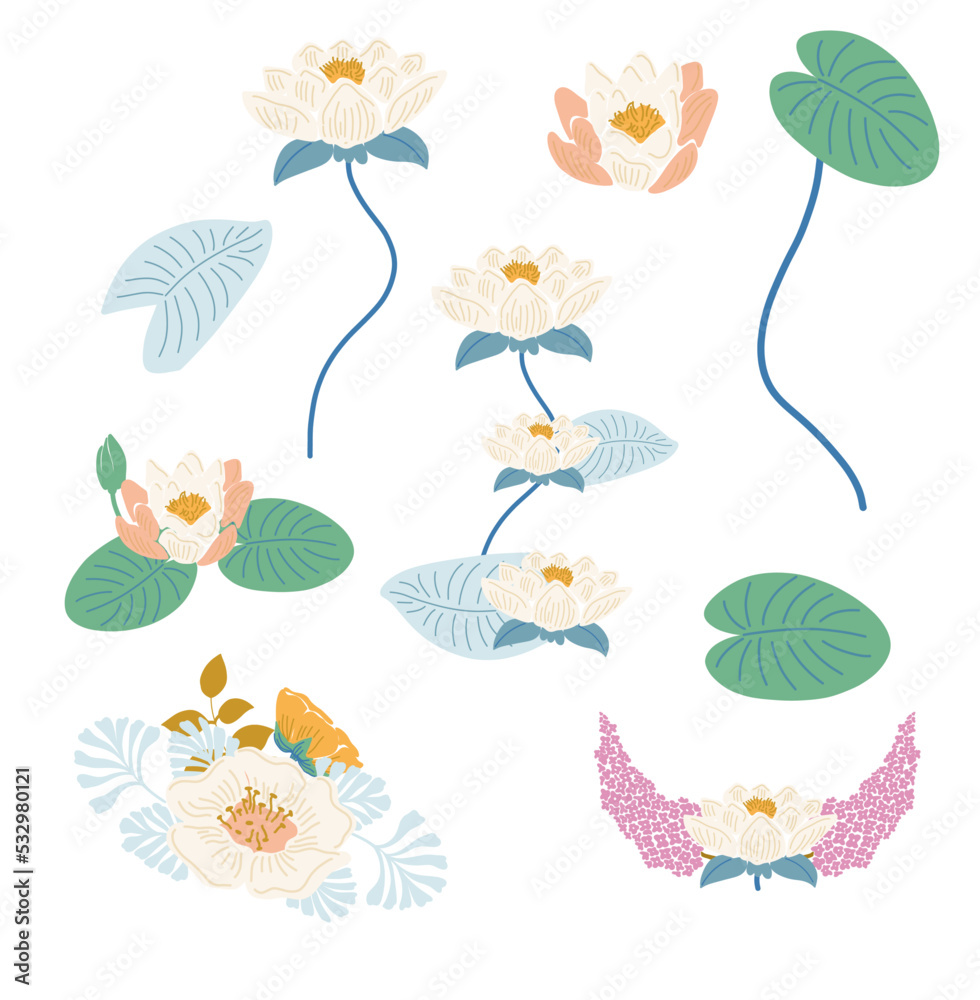 Vector Graceful Art Nouveau Flowers Bouquets of Convolvulus, Briar, Lotus, Lilac and Ranunculus Vector Graceful Art Nouveau Flowers Bouquets of Convolvulus, Briar, Lotus, Lilac and Ranunculus