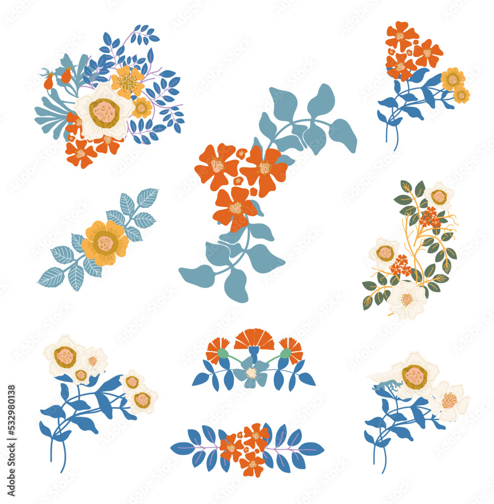 Fototapeta premium Vector Graceful Art Nouveau Flowers Bouquets of Convolvulus, Briar, Lotus, Lilac and Ranunculus