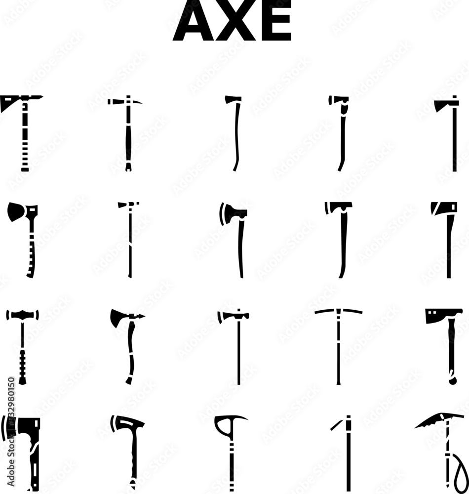 axe ax hatchet wood weapon icons set vector. tool equipment, blade lumberjack, tree, work forest, wooden steel, lumber sharp axe ax hatchet wood weapon glyph pictogram Illustrations axe ax hatchet wood weapon icons set vector. tool equipment, blade lumberjack, tree, work forest, wooden steel, lumber sharp axe ax hatchet wood weapon glyph pictogram Illustrations