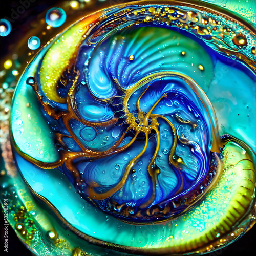 Abstract colorful spiral nautilus shell background. Glitter, oil and water drops. psychedelic texture backdrop. Perfect for presentation, business, media, banner, backdrop. Render