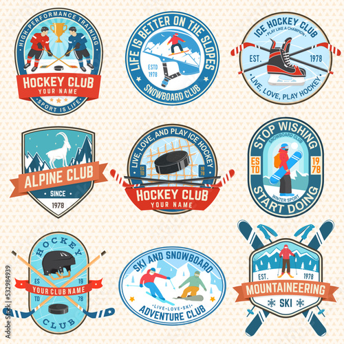 Set of Ice Hockey and snowboard club patch. Vector. Concept for badge, print, stamp or tee. Vintage typography design with snowboarder, skier rides, ice hockey player, sticker, puck. Outdoors