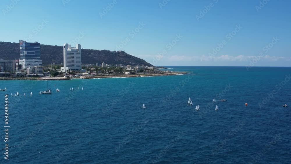 Haifa coastline. POV from the sea to Haifa Bay. 