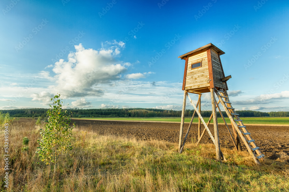Landscape with hunting lodge in middle of meadow amazing blue sky with clouds