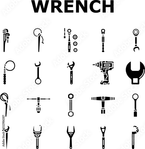 wrench tool spanner repair icons set vector. work maintenance, workshop key, mechanic equipment, construction mechanical hardware wrench tool spanner repair glyph pictogram Illustrations