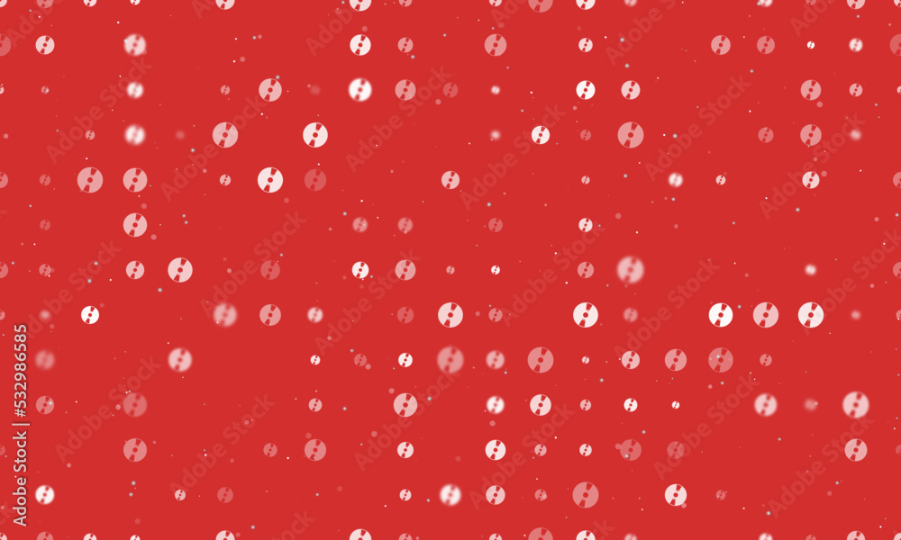 Seamless background pattern of evenly spaced white cd symbols of different sizes and opacity. Vector illustration on red background with stars Seamless background pattern of evenly spaced white cd symbols of different sizes and opacity. Vector illustration on red background with stars