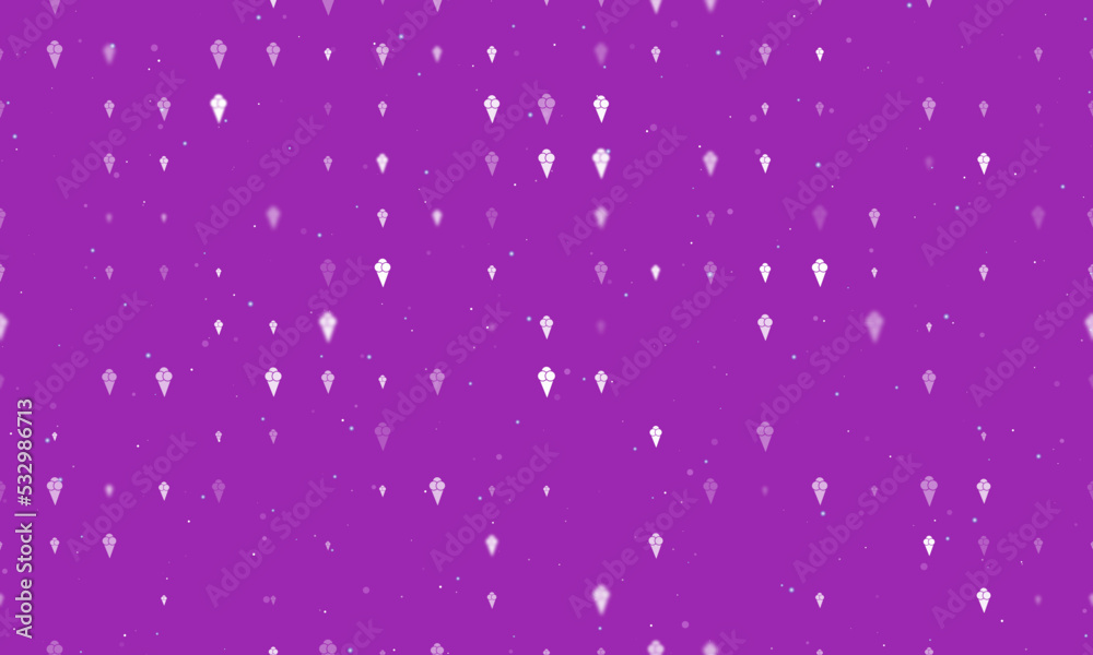 Seamless background pattern of evenly spaced white ice cream balls symbols of different sizes and opacity. Vector illustration on purple background with stars