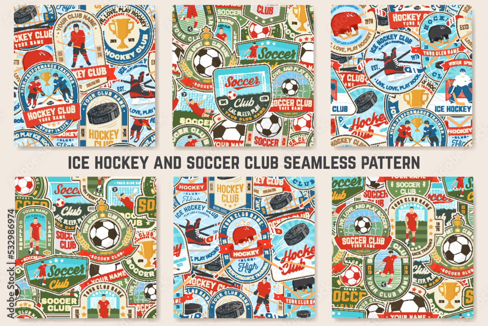 Ice Hockey and Soccer, football club seamless pattern. Vector. For football club background with ce hockey, soccer, football player, goalkeeper and gate silhouettes. Concept for soccer sport pattern