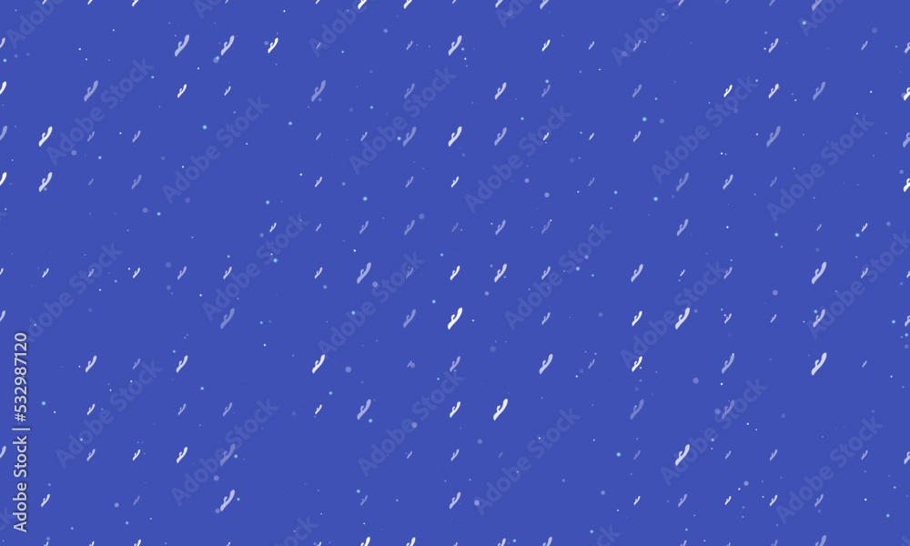 Seamless background pattern of evenly spaced white sex toy symbols of different sizes and opacity. Vector illustration on indigo background with stars
