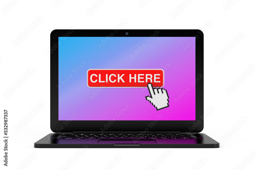 Modern Laptop Computer with Click Here Link to Website Button and Pixel Hand Click Cursor. 3d Rendering Modern Laptop Computer with Click Here Link to Website Button and Pixel Hand Click Cursor. 3d Rendering