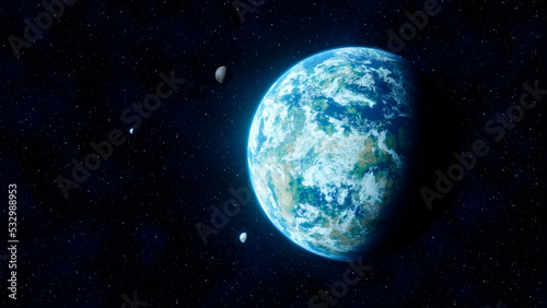 View of an unknown science fiction planet in blue tone similar to Earth in space with three small satellites in orbit around it. 3D Rendering