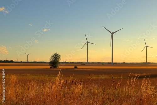 Sunset at the countryside with wind power turbines in the background.  Landscape photo. Summer evening. Near Skara, Sweden, Europe.