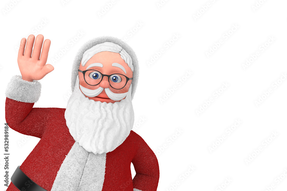 Happy Christmas and New Year Greeting Concept. Cartoon Cheerful Santa Claus Granpa with Hand Up. 3d Rendering
