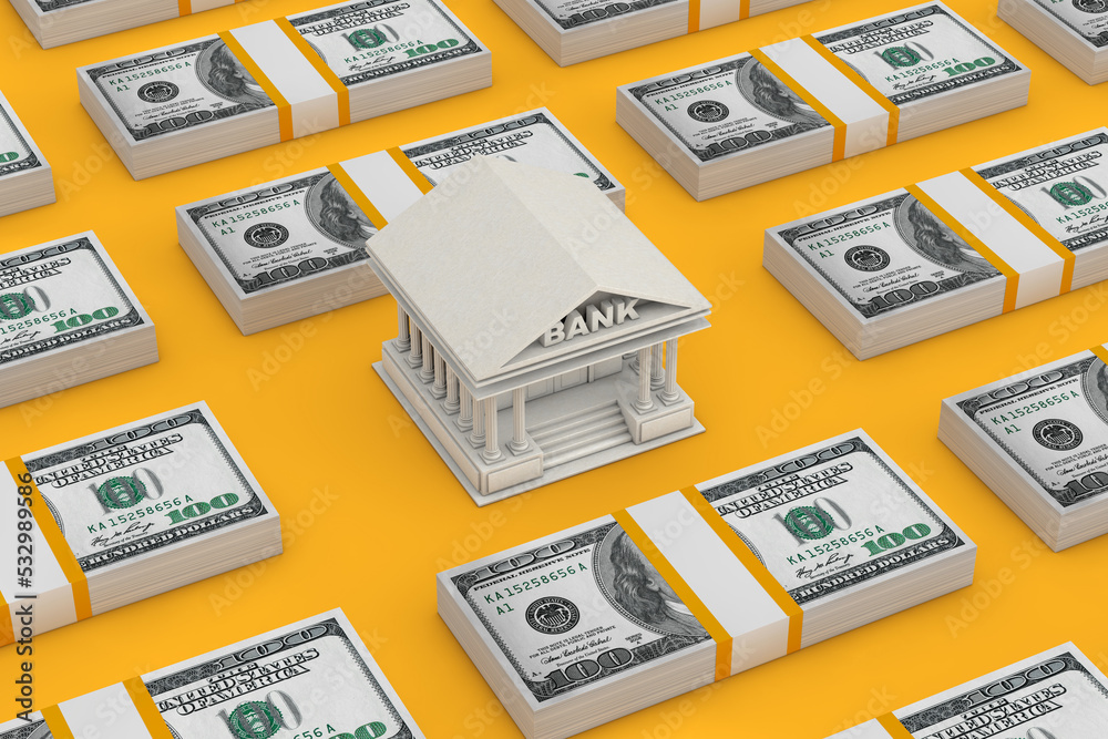 Rows of Isometric Stack One Hundred Dollar Bills with Bank Building. 3d Rendering Rows of Isometric Stack One Hundred Dollar Bills with Bank Building. 3d Rendering