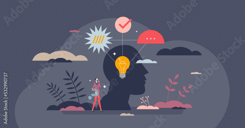 Critical thinking and reasoning logic judgment making tiny person concept. Approach to new information with intellect, evaluation and smart mental research vector illustration. Innovative and creative