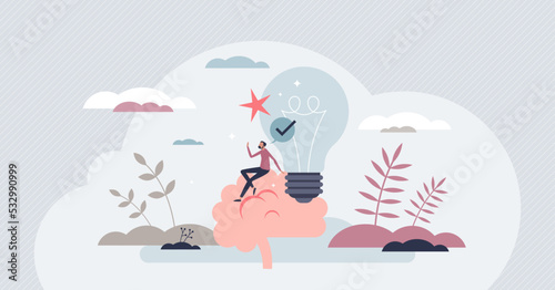 Reflect on idea, think over and consider solution again tiny person concept. Creative problem achievement with mind doubt and ambiguity vector illustration. Make sure after confusion about outcome.