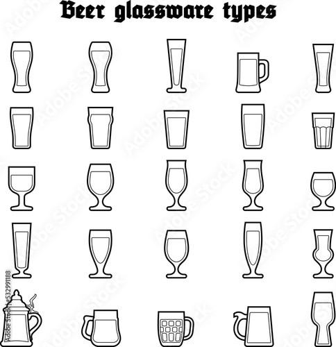 Beer glassware set. Various types of beer filled glasses and mugs. Black outline icones on white background  isolated.