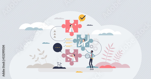 Effective onboarding and employee work tasks explanation tiny person concept. Welcome to fist day at new job scene with human resources introduction presentation about business vector illustration. photo