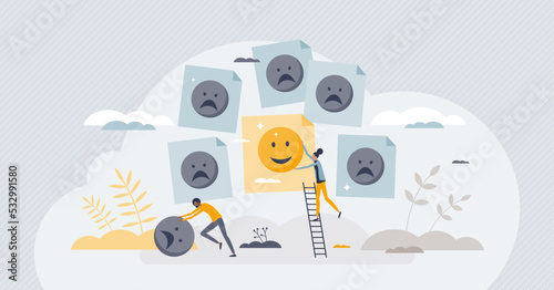 Positive attitude with optimistic behavior and mindset tiny person concept. Change thinking with psychology therapy session or encouragement from friends vector illustration. Feeling good and optimism