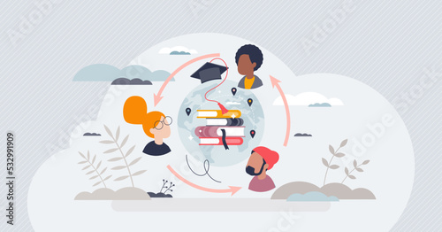 Student exchange and international university program tiny person concept. Global network with academic learning and pupil experience development using travel to other countries vector illustration.