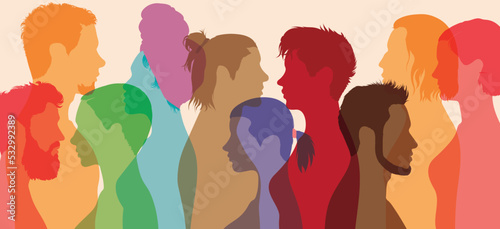 Symbol of multiculturalism, community, and teamwork. Abstract cartoon profile of a multicultural family. Friendship between multiethnic and multicultural families.