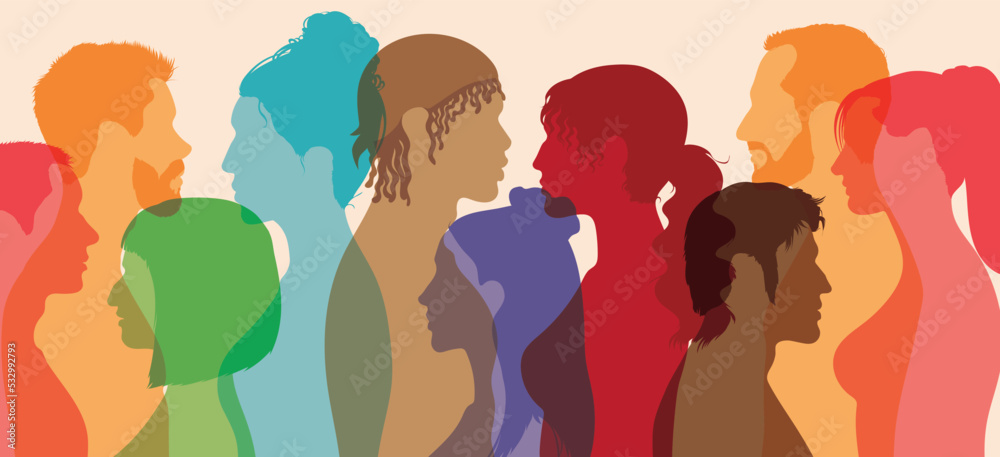 Human diversity of races and cultures. Racism and anti-racism concepts. Multicultural society. Portrait of a group of men and women from diverse cultures.