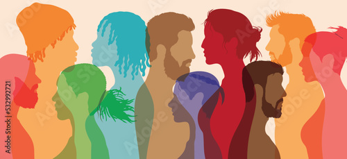 Partnership, cooperation, friendship, and teamwork in a society of diverse and multicultural races and cultures. Flat cartoon group of people from different cultures.