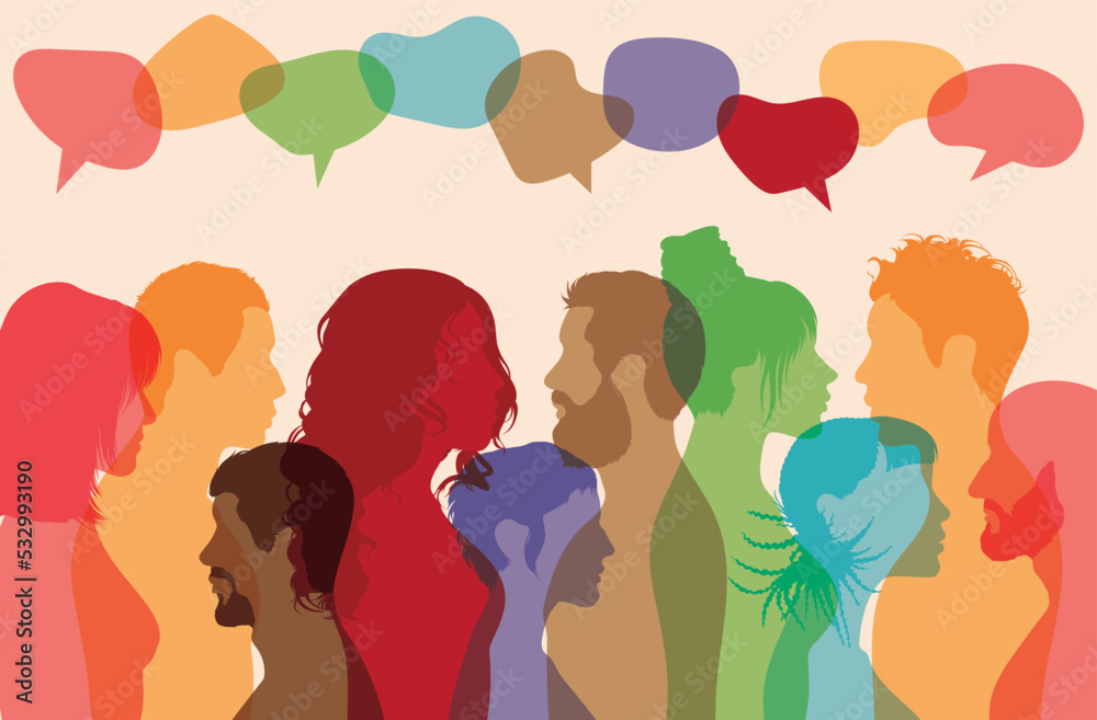 The speech bubble represents a dialogue between people of diverse cultures, with a crowd talking and communicating with one another. Vector cartoon profiles and interviews.