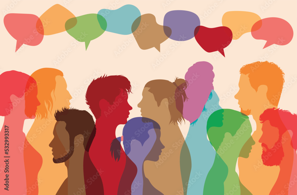 People talking. Multicoloured profile vector cartoon. Communication between groups of people talking. Crowd talking. Social networking communication.
