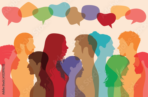 People from a diverse group of nationalities talk in a speech bubble. Vector cartoon heads face to the side. Communication on social networks.