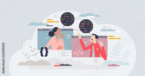 Coding interview as technical skills test for job vacancy tiny person concept. Programmer expertise with problem solving method vector illustration. Searching candidates for IT software workplace.