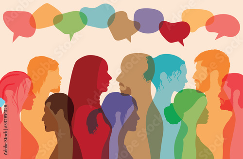 Vector cartoon faces of multicultural business people with speech bubbles expressing opinions, evaluations, and feedback.