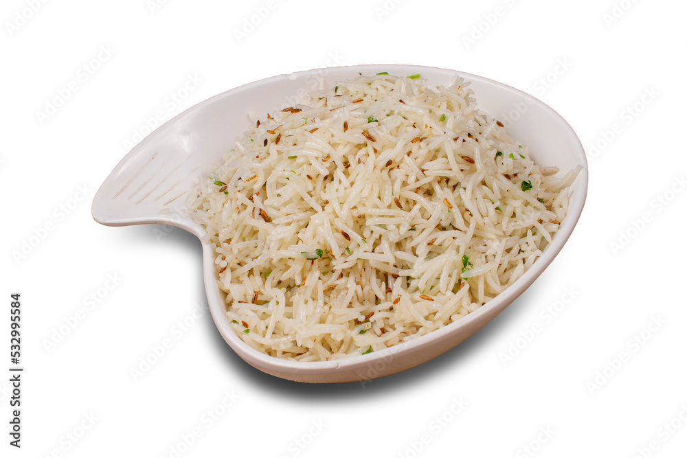 Jeera rice , basmati rice flavored with fried cumin seeds. isolated on white background. Jeera rice , basmati rice flavored with fried cumin seeds. isolated on white background.