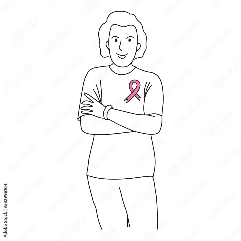 Happy confident woman with pink ribbon badge for Breast Cancer Awareness Month. black and white simple contour line drawing of female cancer oncology survivor character Happy confident woman with pink ribbon badge for Breast Cancer Awareness Month. black and white simple contour line drawing of female cancer oncology survivor character