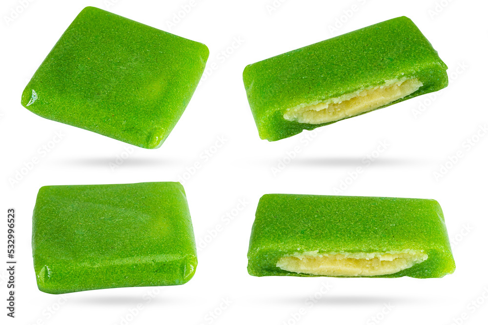 Vietnamese Green rice flake cake with buttery mung beans (or Banh Com) isolated on white background Vietnamese Green rice flake cake with buttery mung beans (or Banh Com) isolated on white background