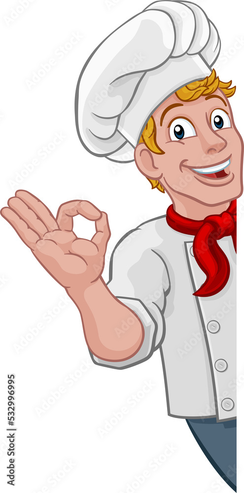 Chef Cook Baker Man Cartoon Peeking Around Sign Chef Cook Baker Man Cartoon Peeking Around Sign
