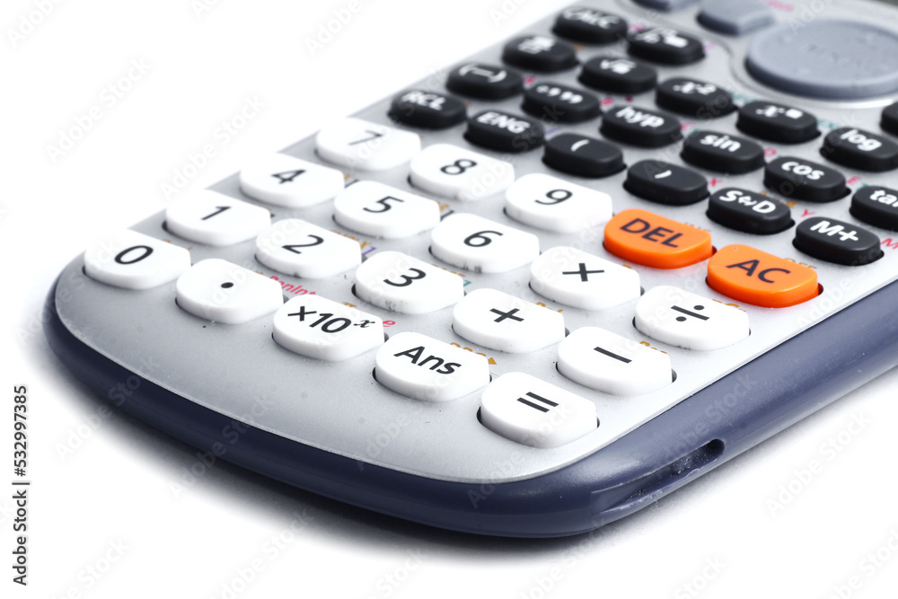 Close up formula digital calculator on the top white background Close up formula digital calculator on the top white background