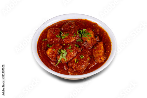 Spicy red mushi, mori or shark curry. Goan style mushi, mori or shark vindaloo. Butter mushi, mori or shark Makhani curry roast hot and spicy gravy dish Dhaba Punjab, India.