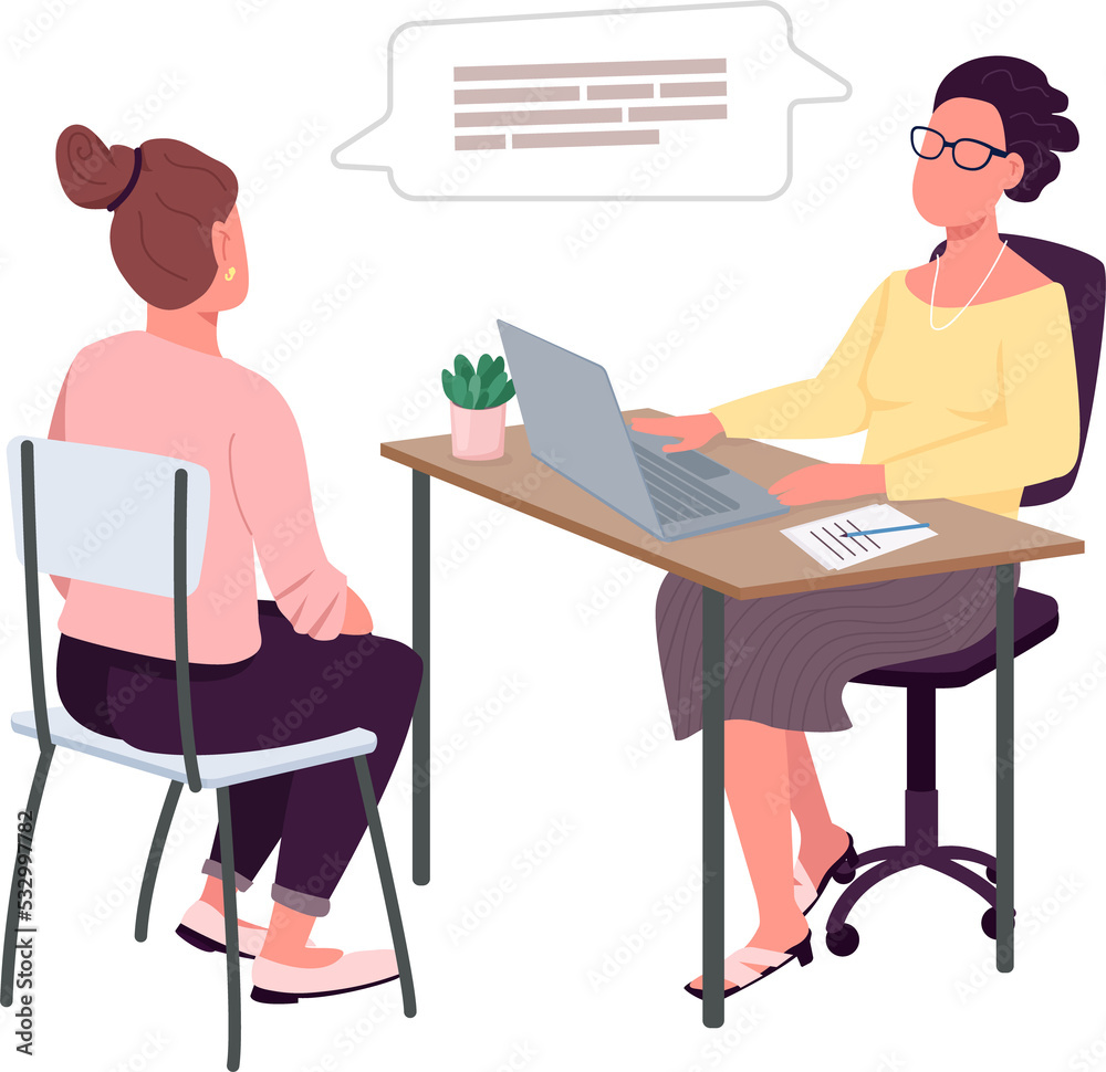 Women on job interview semi flat color raster characters. Talking figure. Full body peopleon white. Human resources isolated modern cartoon style illustration for graphic design and animation Women on job interview semi flat color raster characters. Talking figure. Full body peopleon white. Human resources isolated modern cartoon style illustration for graphic design and animation