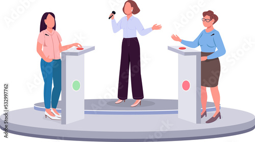 People play in quiz show semi flat color raster characters. Active figures. Full body people on white. Playing on tv isolated modern cartoon style illustration for graphic design and animation