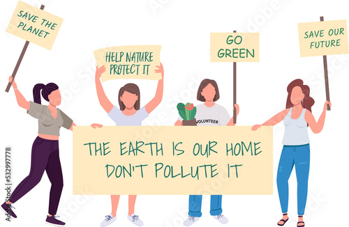 Women on ecology protest semi flat color raster character. Active figures. Full body people on white. Green movement isolated modern cartoon style illustration for graphic design and animation © The img