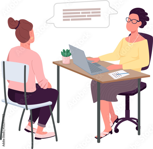 Women on job interview semi flat color raster characters. Talking figure. Full body peopleon white. Human resources isolated modern cartoon style illustration for graphic design and animation