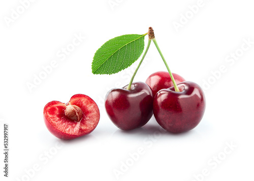 Sweet cherry fruits with leaves