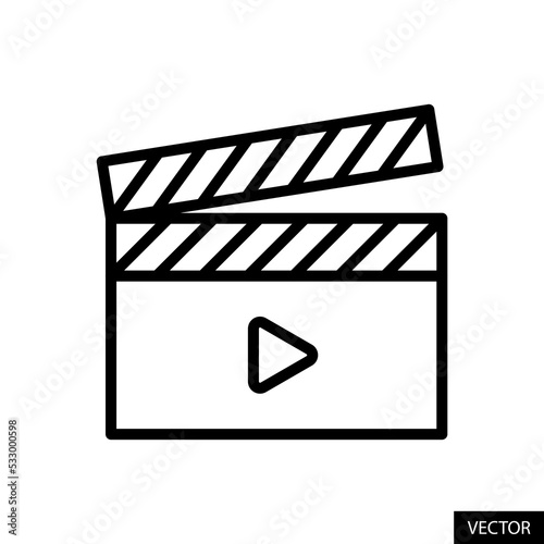 Movie clapper board, Film clapperboard, Clacket, Video player vector icon in line style design for website, app, UI, isolated on white background. Editable stroke. Vector illustration.