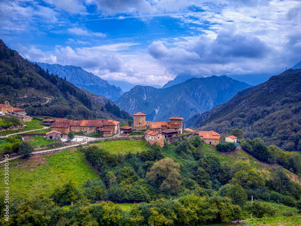View of the medieval village of Bandujo in Asturias mountains. Spain.