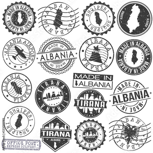 Tirana, Albania Set of Stamp. Vector Art Postal Passport Travel Design. Travel and Business Seals.