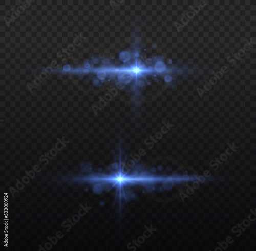 Lens flares, rays, stars and sparkles with bokeh set. Abstract front sun lens flare translucent special light effect design. Bright blue sunflare explosion, glare template. Vector illustration