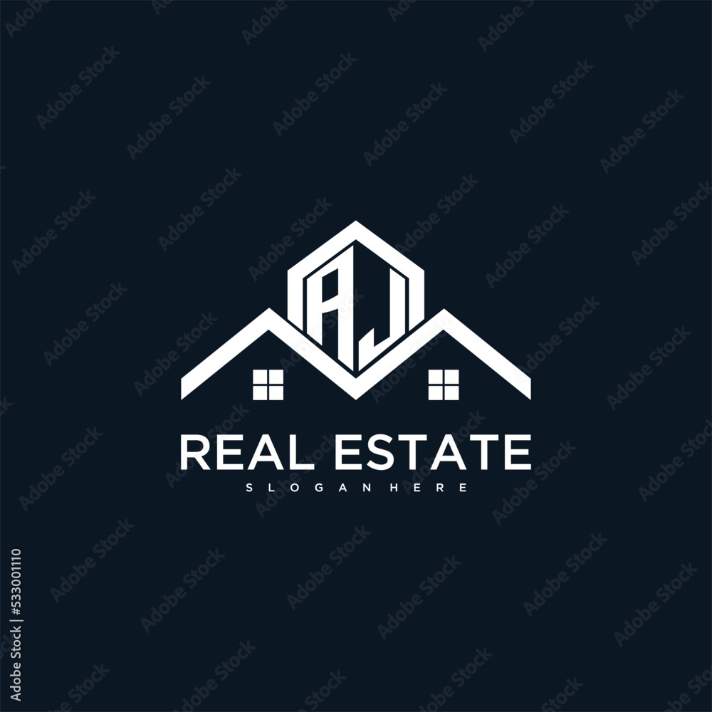 AJ initial monogram logo for real estate with creative roof and home ...