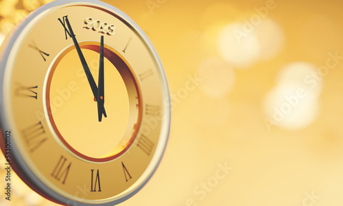 Vintage time clock 3D rendering, 2023 New Year or Christmas eve concept with abstract gold color and bokeh background, Beautiful rendering with copy space, 3D illustration design.