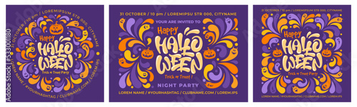 Happy Halloween template set. Holiday calligraphy with pumpkin, ghosts, place for text and bright decorative elements. For banner, poster, greeting card, party invitation. Vector illustration